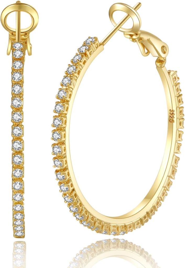 PABBEU 2mm 925 Sterling Silver Earrings Big Sterling Silver Hoop Earrings för kvinnor Stora Rhinestone Hoop Earrings Thin Hypoallergenic Cubic Zirconia Earrings för kvinnor 30/40/50/60/70mm