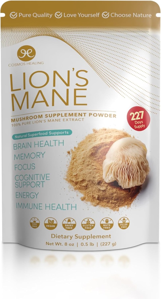 Lion's Mane Mushroom Supplement Powder, 8 oz | Naturlig Superfood för fokus, minne, hjärnhälsa, kognitivt stöd, immunförstärkning, nervhälsa, energi | 227-dagars leverans | Vegan, icke-GMO
