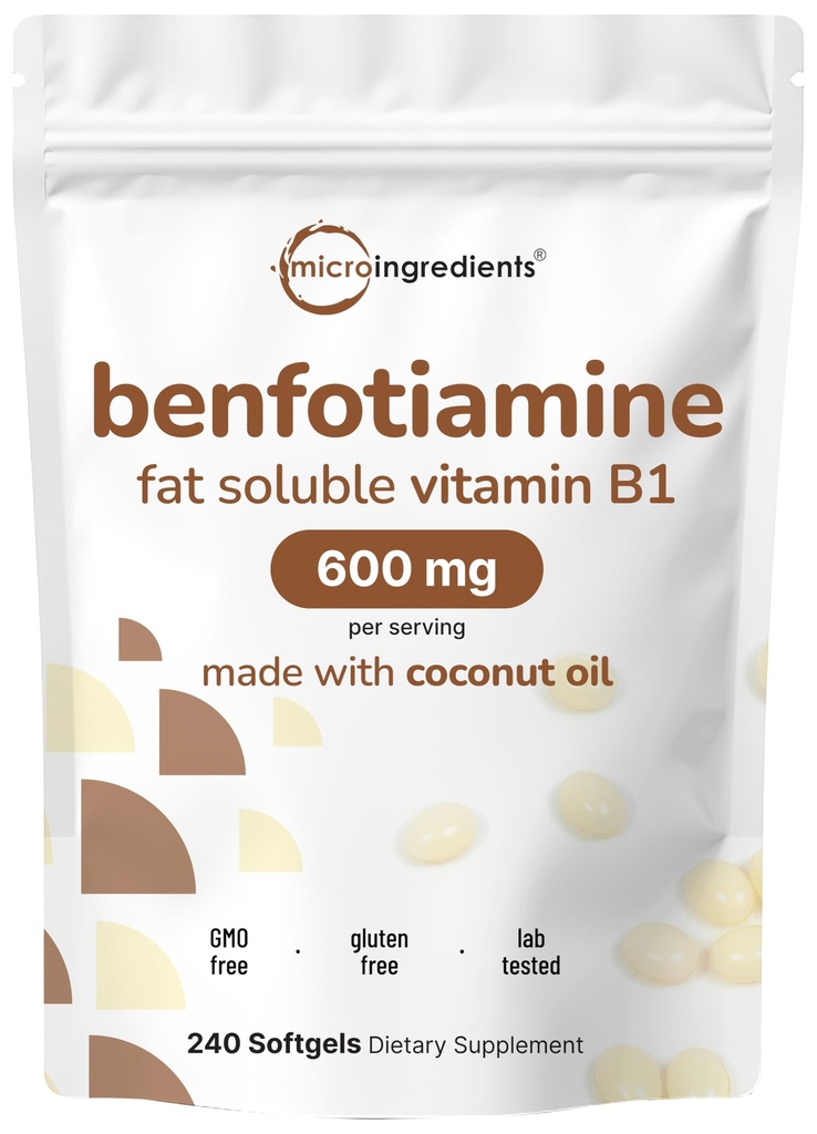 Micro Ingredients Vitamin B1 Benfotiamine 600mg Per Serving, 240 Coconut Oil Softgels | Bioavailable B Vitamins Supplement, konverterad till aktiv tiamin | Non-GMO, Soy Free