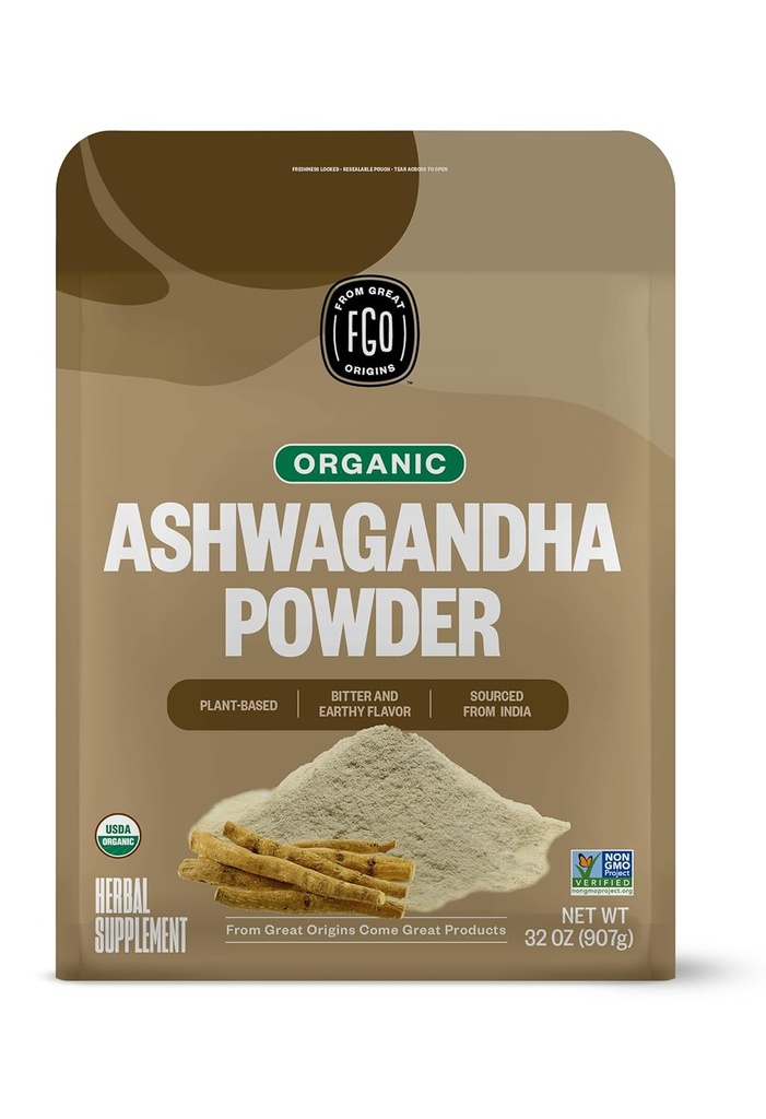 FGO Organic Ashwagandha Root Powder, 32oz Återförsäljbar Bulk Bag, Non-GMO, Indian Ginseng, Withania Somnifera, Källa från Indien (Pack av 1)