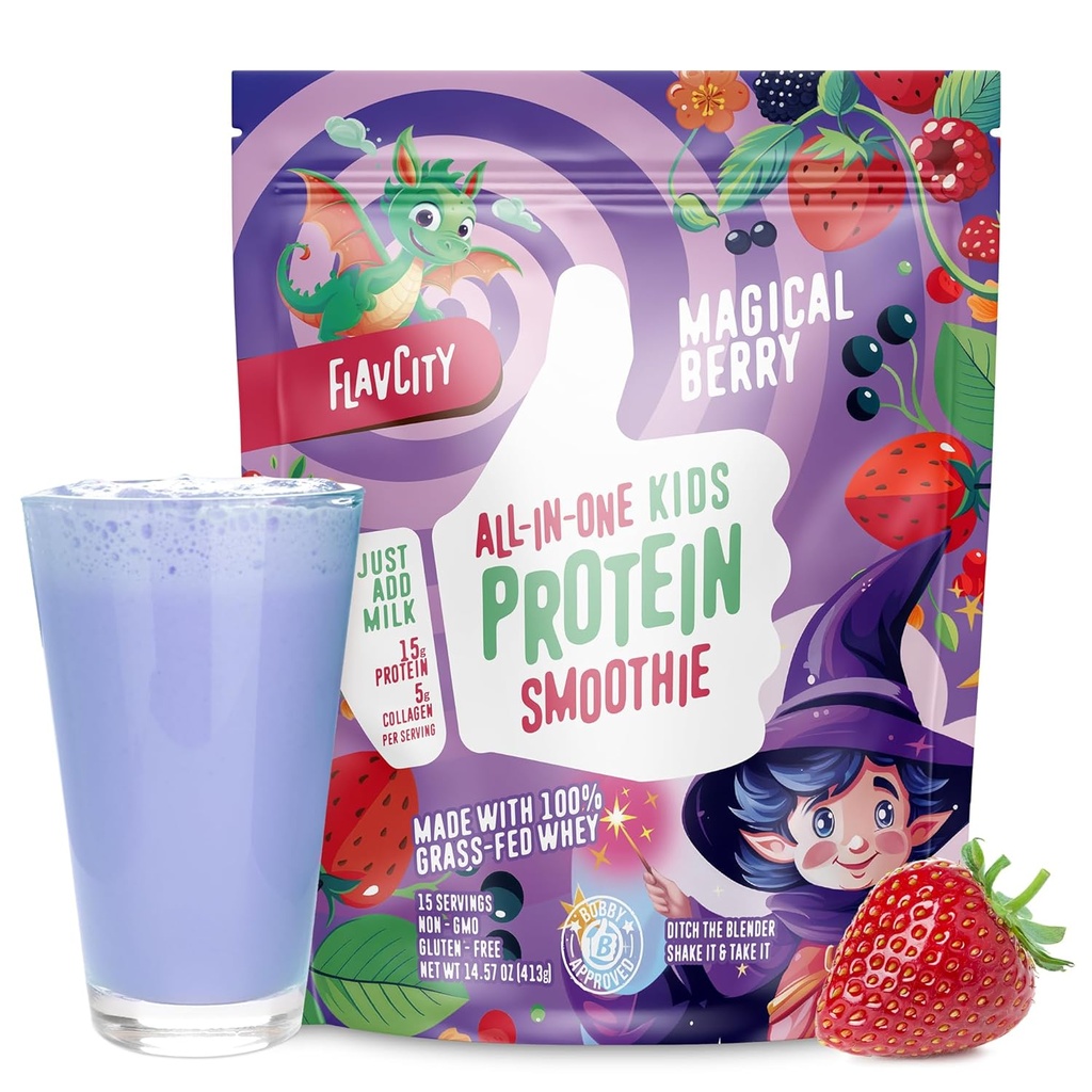 FlavCity All-in-One Protein Smoothie för barn (Magical Berry) - Grass-Fed & Undenatured Whey Protein Powder med 15g Protein & 5g Collagen - Gluten-Free & Non-GMO - 15 portioner