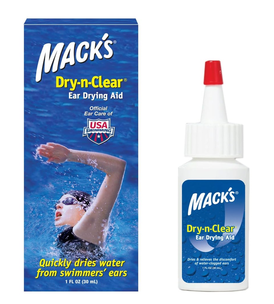 Mack's Dry-n-Clear® Ear Drying Aid - Swimmers Ear Drops for Water Clogged Ears After Swimming, Showering, Scuba Diving and Surfing - 1 Fl Oz
