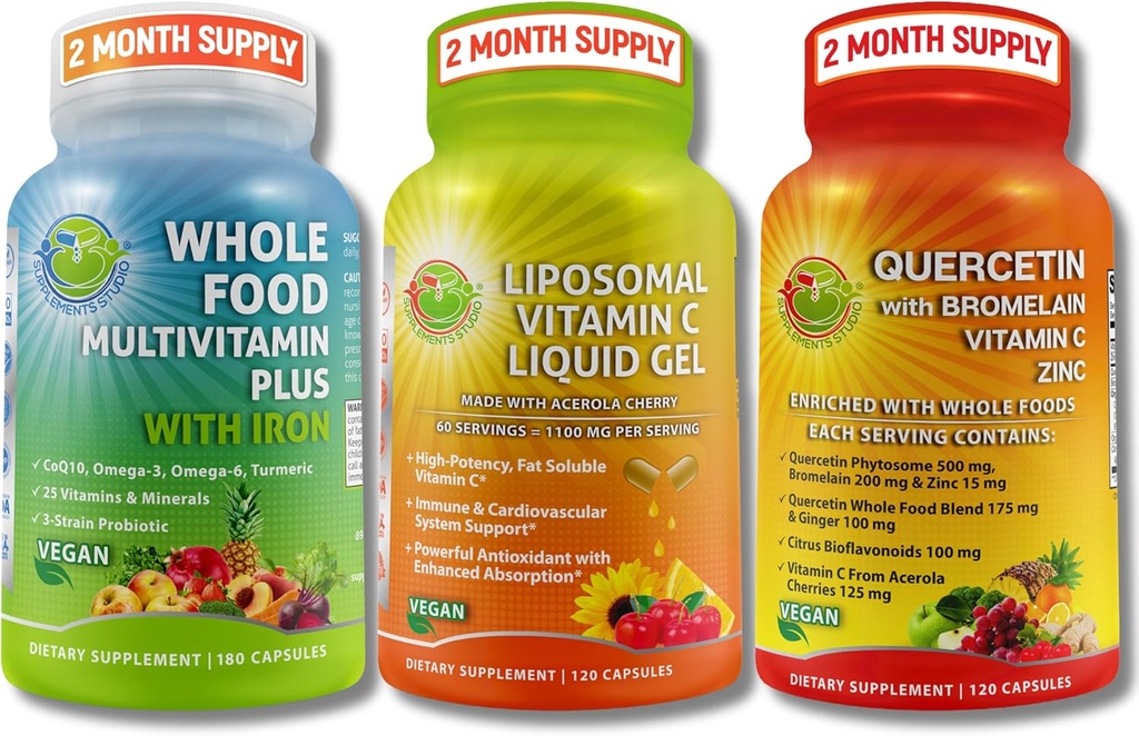 Immune, Energy & Comprehensive Multi-System Support Trio - Liposomal Vitamin C 1100mg Liquid Gel + Quercetin med Bromelain, Zinc & Vitamin C + Daily Multivitamin med järn - Non-GMO, Clean Label