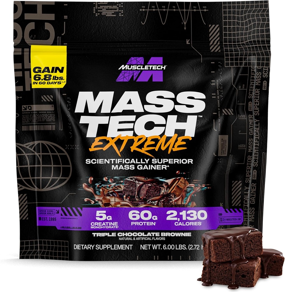 Muscletech High-Protein Mass Gainer (Triple Chocolate Brownie, 6LB) - Mass Tech Extreme 2000 Mass Gainer Protein Powder Supplement - Viktökning för ökad muskel, förbättrad återhämtning och styrka