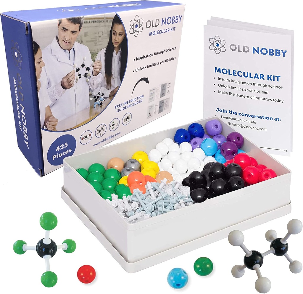 Old Nobby Organic Chemistry Set (425 pc) Molecular Model Kit med Atoms, Bonds, Guide, Bond Removal Tool - STEM Science Kits for Kids Toys Chemistry Set för studenter Lärare Unga forskare