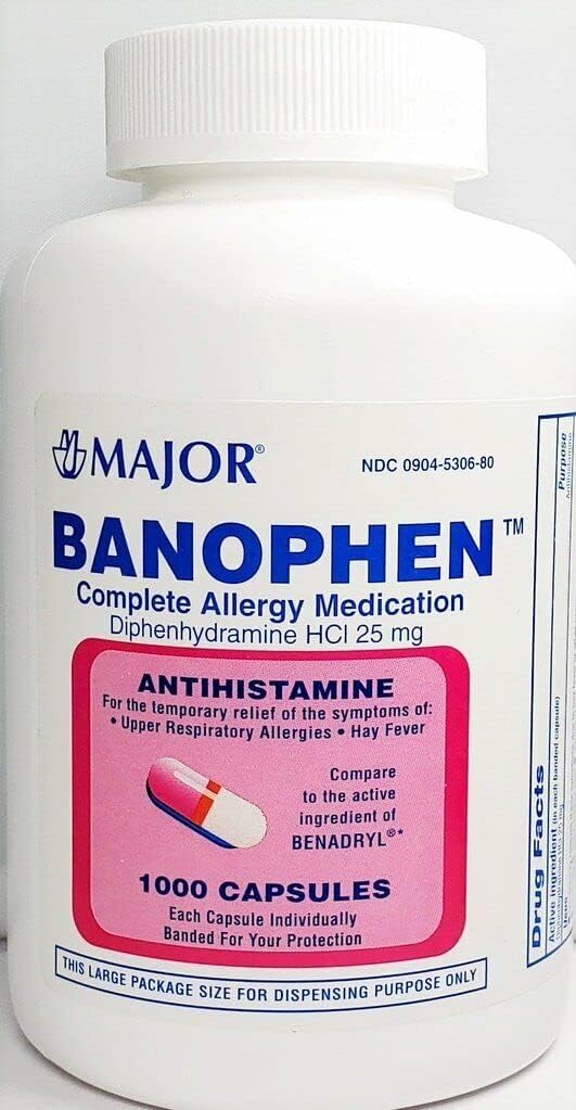Major Banohpen - Fullständig allergimedicin - Diphenhydramin HCI 25 Mg - Antihistamin - 1000 kapslar (1 Pack)