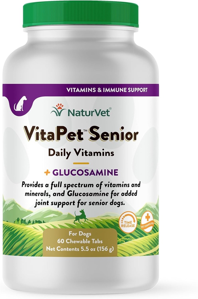 NaturVet – VitaPet Senior Daily Vitamins for Senior Dogs – Plus Glukosamin – Fullt spektrum av vitaminer och mineraler – Förbättrad med Glukosamin för extra gemensamt stöd – 60 Time Release tabletter