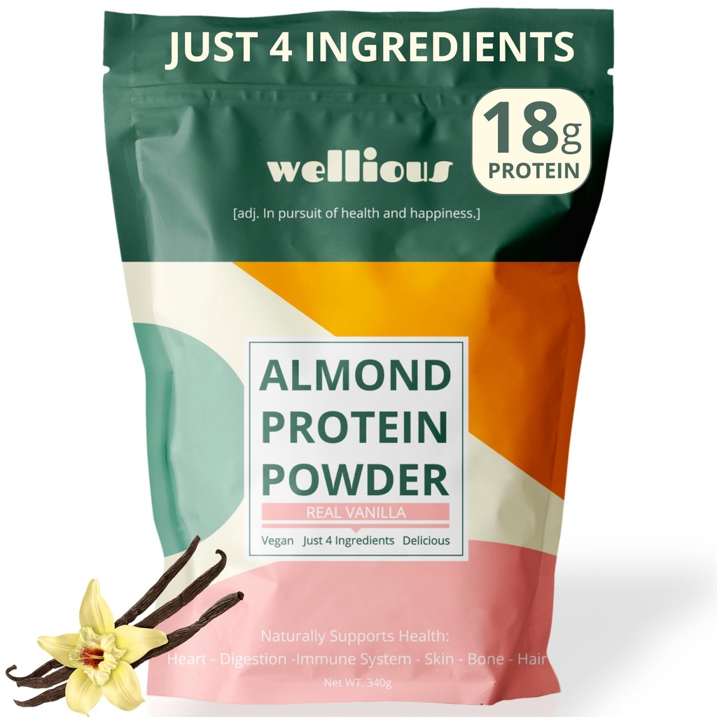 välmående Almond Protein Powder (Vanilla) - 18 Grams of Pure Healthiest Vegan Protein för kvinnor och män - Perfekt Gluten-Free, Soy-Free & Smooth Gut Friendly Protein Powder för Sports Nutrition