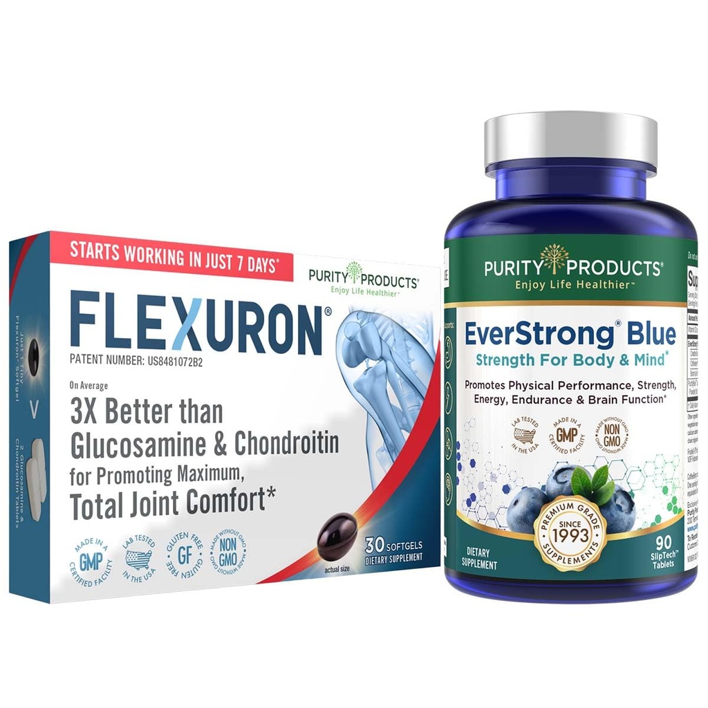 Purity Products Bundle - Flexuron Joint Formula + EverStrong Blue Tablets - Styrka + Flexibilitet Power Pack Flexuron (Krill Oil, Hyaluronic Acid + Astaxanthin) - EverStrong Blue (Muscle Matrix)