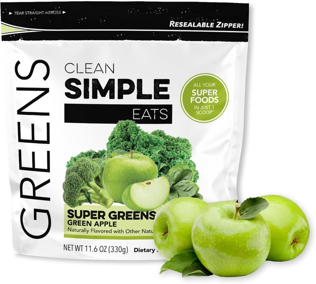 Clean Simple Eats Super Greens Powder, naturligt smaksatta gröna pulver med Chlorella, Spirulina, Superfoods & Prebiotic Fiber, inga konstgjorda ingredienser, Gluten Free, Green Apple Flavor, 30 portioner