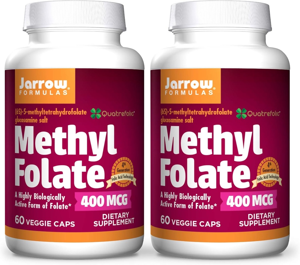 Jarrow Formulas Methyl Folate 400 mcg - 60 Veggie Caps, Pack of 2 - Hög biologiskt aktiv form av folat - 4: e generationens folsyrateknik - 120 totala portioner