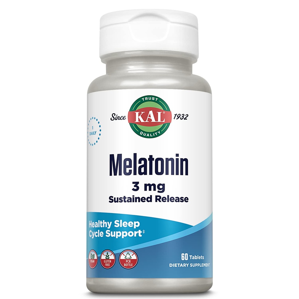 KAL Melatonin 3mg Sustained Release Sleep Aid, Melatonin Supplement Supports Healthy Relaxation, en lugn känsla och en korrekt sömncykel, w / tillägg vitamin B6, Vegan, Gluten Free 60 Serv, 60 tabletter