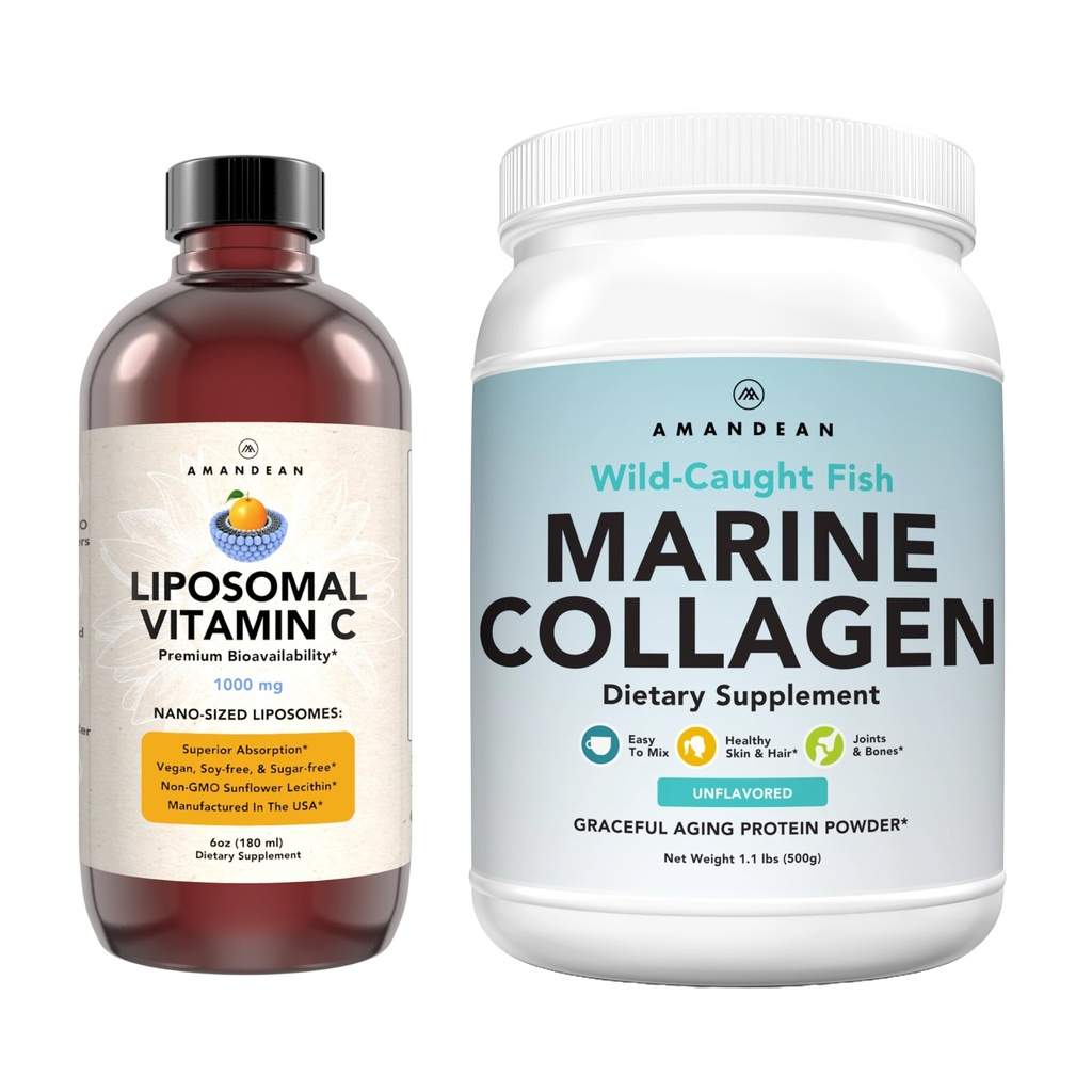 Marine Collagen Powder + Vitamin C - Perfekt hud från Combo. Wild-Caught Cod Fish Peptides, Liposomal VIT C Liquid 1000mg. Boost Production and Synthesis for Healthy Aging, Beauty, Wellness.
