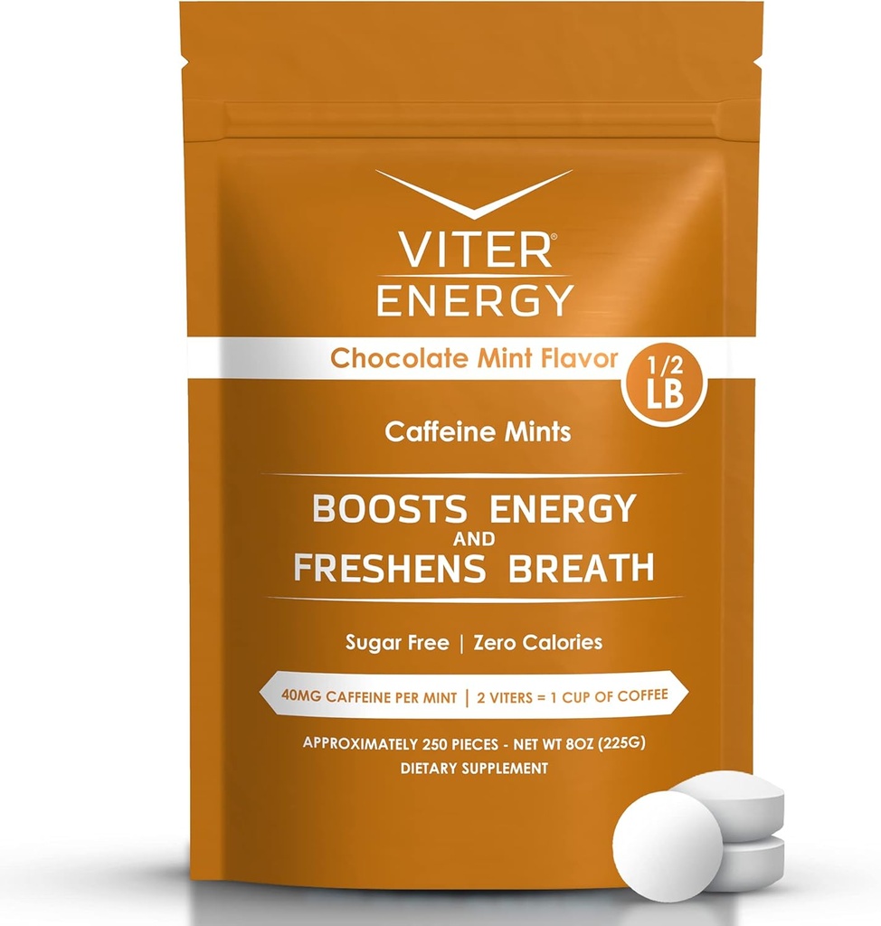 Viter Energy 40mg Koffein Mints - Sugar Free, B Vitaminer, Vegan, ökar snabbt Energized Alert Focus, koffeinerade Nootropic Supplement Pills (Chocolate Mint Flavor, 8oz, Bulk Bag)