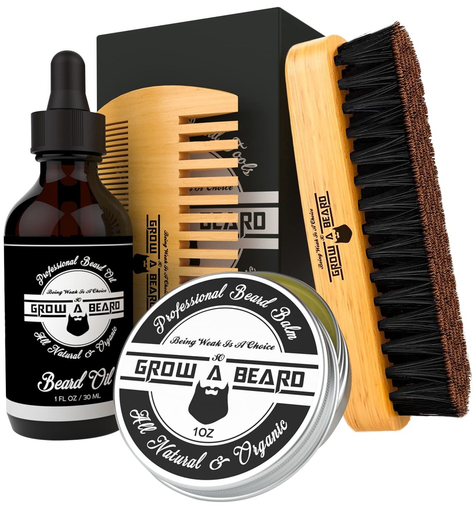 Beard Brush, Beard Comb, Beard Oil, & Beard Balm Grooming Kit for Men's Care, Travel Facial Hair Set for Growth, Styling, Shine & Softness, Great Gifts for Him