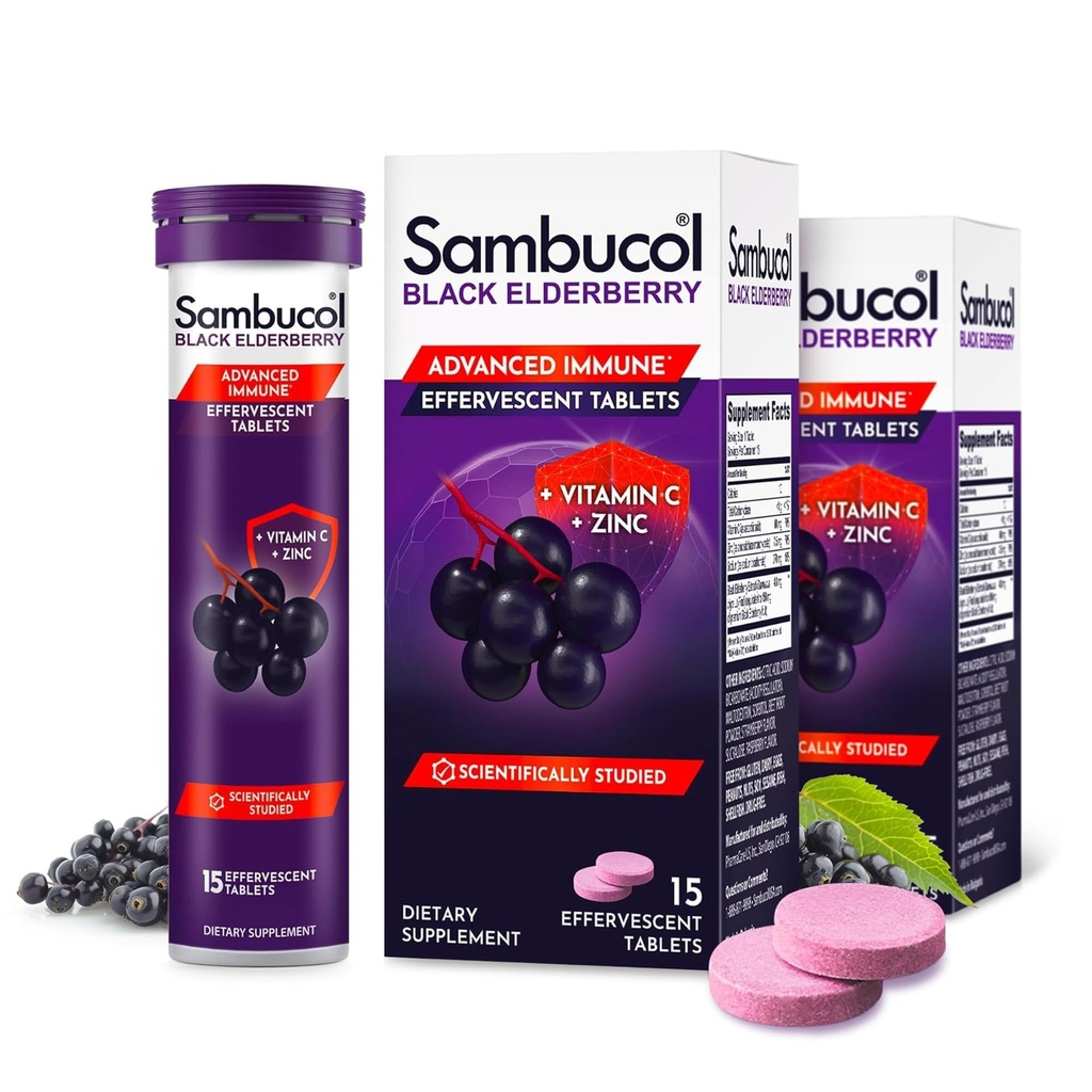 Sambucol Black Elderberry tabletter med vitamin C & Zink - Immune Support Supplement, Black Elderberry med Zink och vitamin C Effervescent tabletter, höga antioxidanter, dricka fizzies- 30 greve