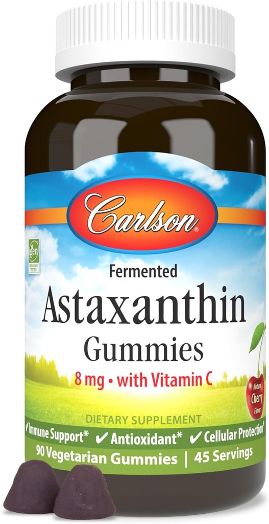 Carlson - Astaxanthin Gummies, med C-vitamin, immunstöd, antioxidant, hjärthälsa, icke-GMO, Cherry Flavor, 90 vegetariska gummies