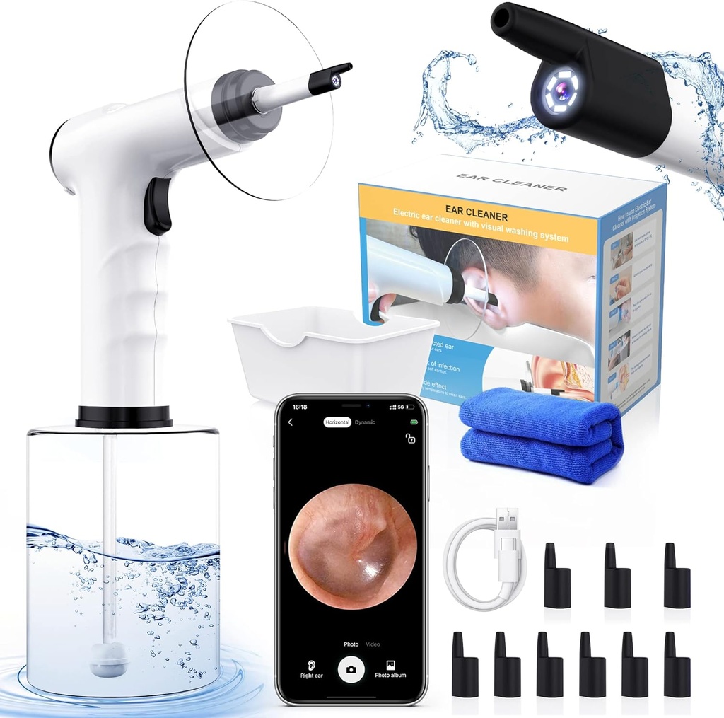 Ear Wax Removal, Ear Cleaning Kit, Water Powered Ear Cleaner med 3 trycklägen 12 Replacement Tips, Ear Irrigation Flushing System, Säker och effektiv Ear Wax Removal Tool (Black)
