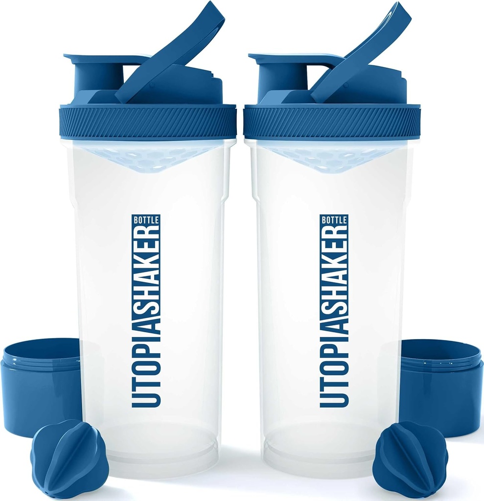 Utopia Home Shaker Bottle 2 Pack - 24 Ounce Plastic Protein eller Cocktail Shaker Bottle för Pre & Post träning med Twist & Lock Protein Box Storage (Clear/Navy)