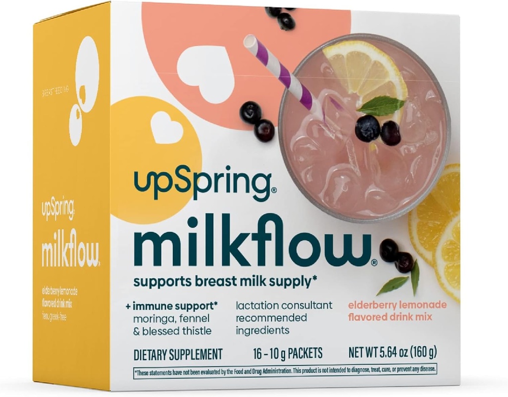 UpSpring Milkflow Immune Support Breastfeeding Supplement Drink Mix Fenugreek-Free, Moringa Elderberry Lemonade Flavor, Lakteringssupplement för att stödja bröstmjölksupply, 16 Mixes