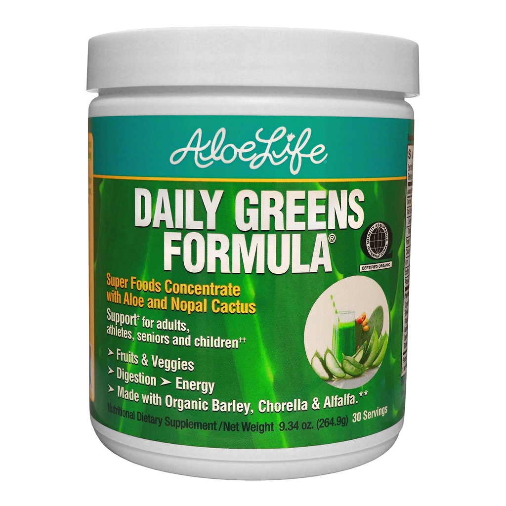 Aloe Life - Daily Greens Powder, QAI-Certified Organic Health Supplement, Antioxidanter, 21 frukter, grönsaker och örter inklusive Aloe & Nopal Cactus, Low-Calorie, Keto-Friendly, Gluten-Free (30 portioner)
