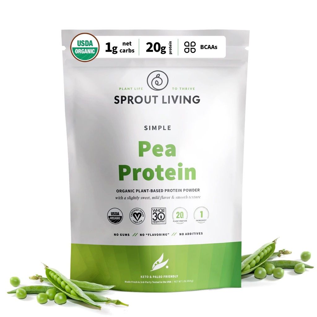 Sprout Living Organic Pea Protein Powder, Unflavored, 20 Grams of Plant Based Organic Protein Powder Utan Artificial Sweeteners, Non Dairy, Non-GMO, Vegan, Gluten Free (1 Pound, 19 Servings)