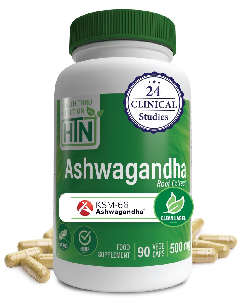 Health Thru Nutrition Ashwagandha 500mg KSM-66® 90 kapslar | Stress, humör, fokus och energi | Kliniskt bevisad och organisk Root-Only Whitania Somnifera Extract | Non-GMO, Gluten & Soy Free