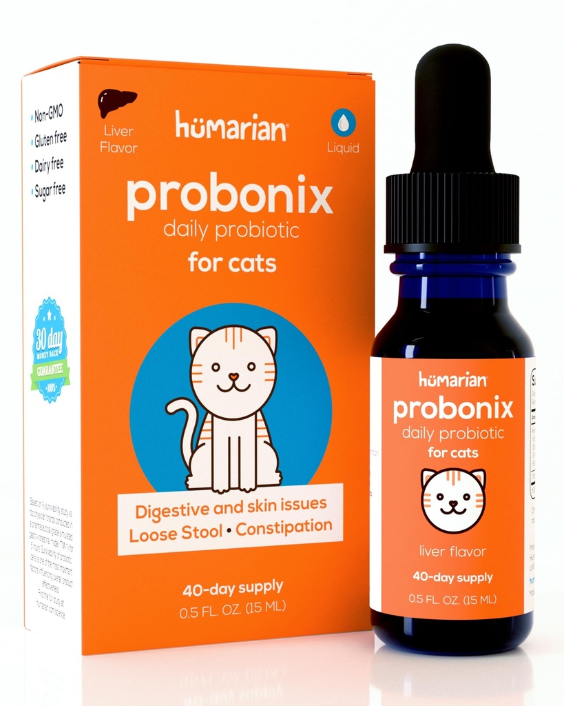 Humarian Probonix Liquid Probiotics for Cats - 8-Strain Cat Probiotic Drops to Fortify Feline Gut Health, Dental Health, Immunity and More - 30-Day Supply - Lever Flavor