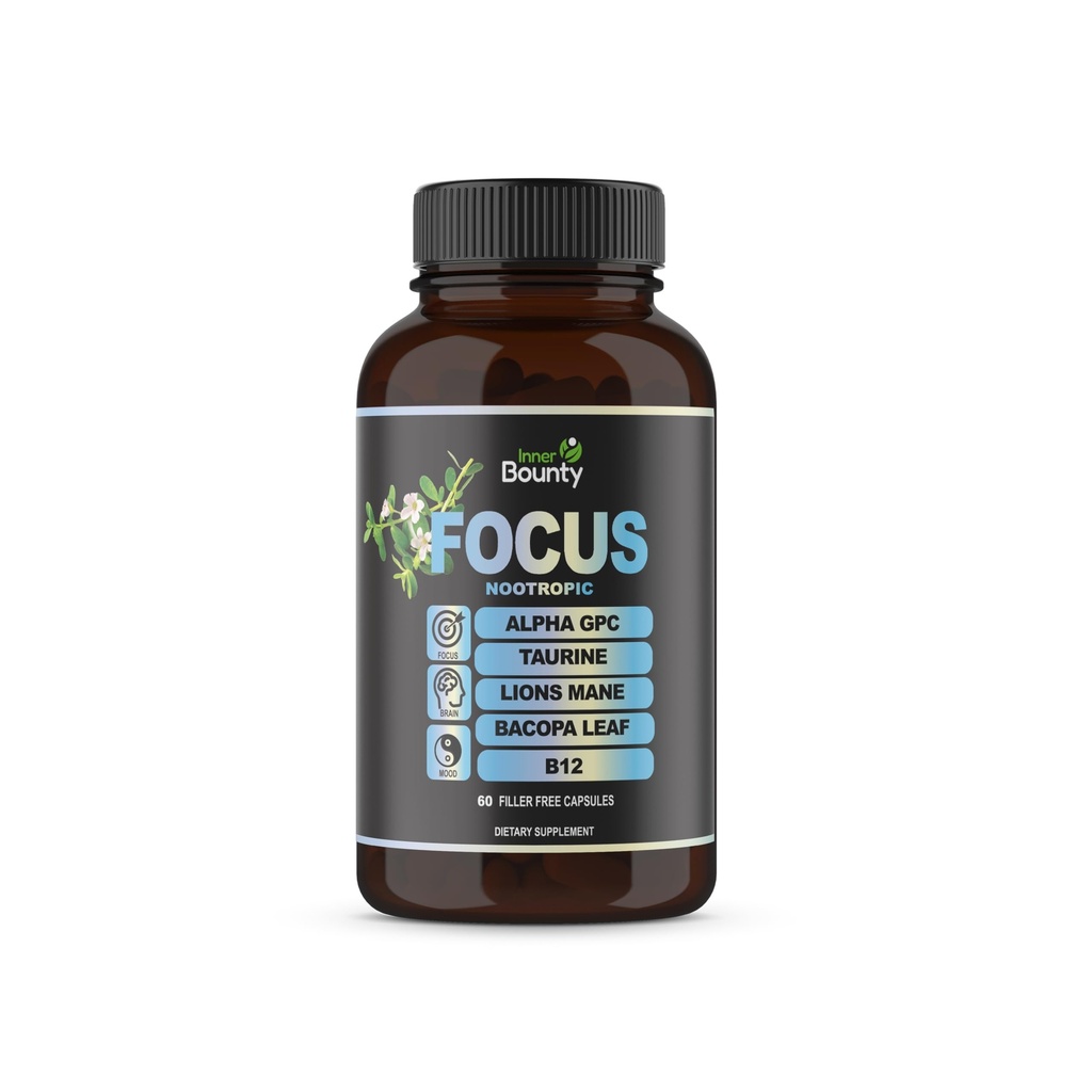 Fokus 14-i-1 Nootropic Brain Supplement med Lions Mane, Alpha GPC Choline, Vitamin C & B12, Taurine, Bacopa - Energi, Kognitiv, Memory Support, 60 Filler Free Capsules