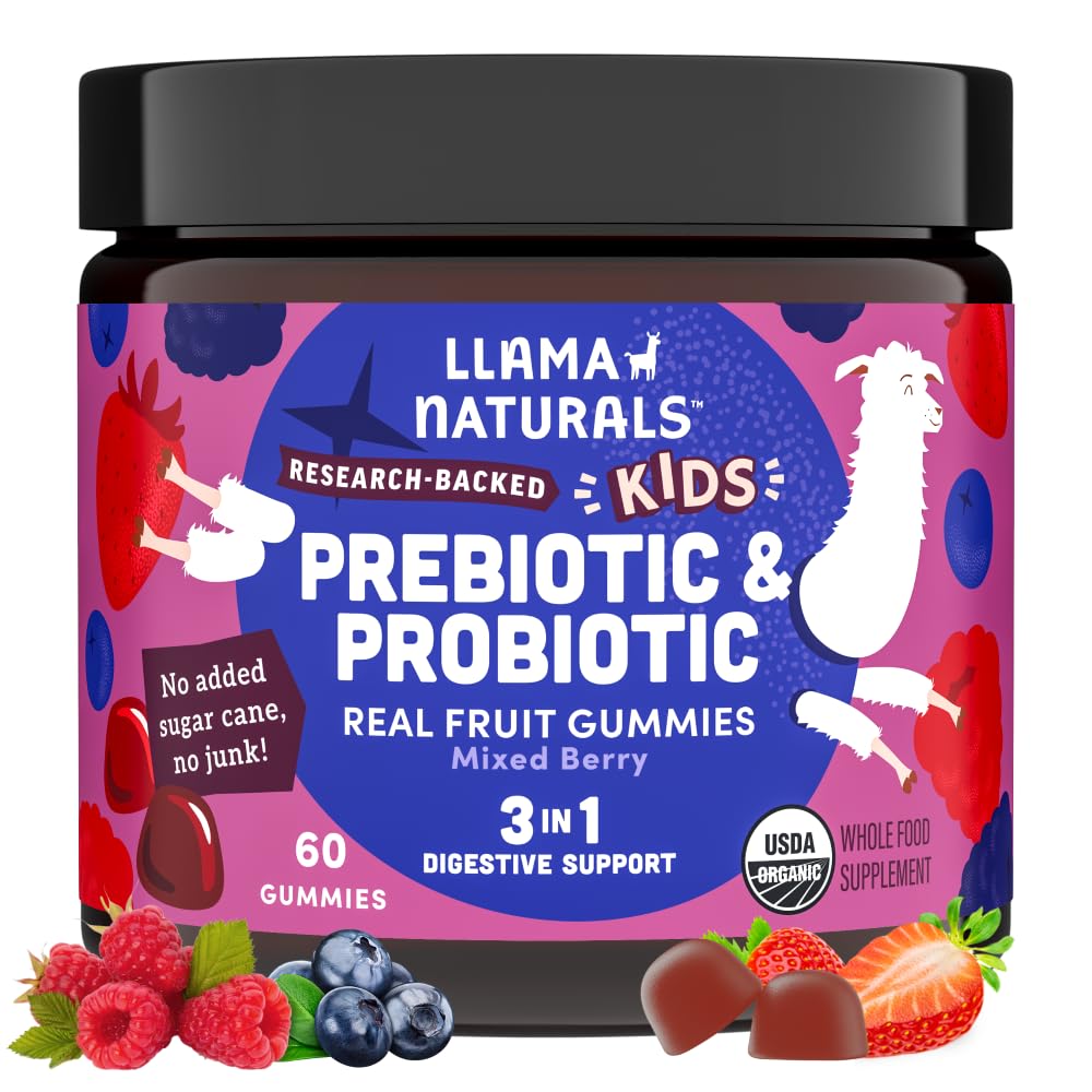Llama Naturals Kids Probiotic med prebiotisk fiber, Vegan, organisk prebiotika och probiotika Gummies för Gut Health Support, Toddler Real Fruit Gummy Vitamins, No Added Sugar Cane, Mixed Berry, 60 Ct