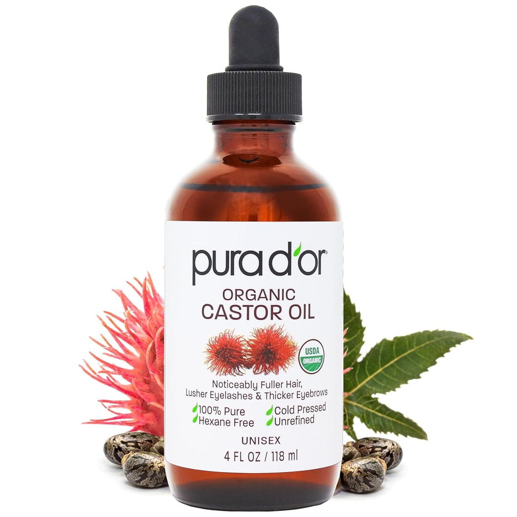 PURA D'OR 4 Oz ORGANIC Castor Oil - 100% Pure USDA Certified Cold Pressed, Hexane Free Eyelash & Eyebrow Serum - För Fuller, Tjockare Lashes & Brows - Hud & Hår