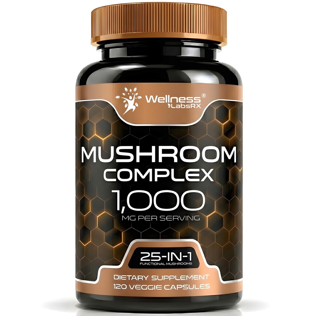 WELLNESS LABSRX Mushroom Supplement Capsules 10:1 Extract, Mushroom Complex Capsules 1000mg, Lions Mane Supplement med Turkiet Tail, Cordyceps, Reishi - 120 Count
