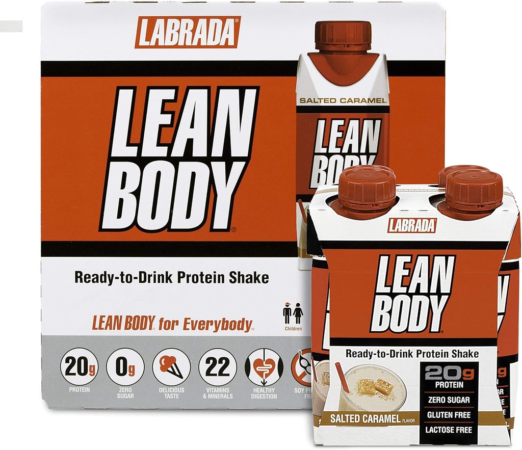 LABRADA NUTRITION - Lean Body RTD Whey Protein Shake, Convenient On-The-Go Meal Replacement Shake för män och kvinnor, 20 gram protein - Zero Sugar, Lactose & Gluten Free, Salted Caramel (Pack of 16)