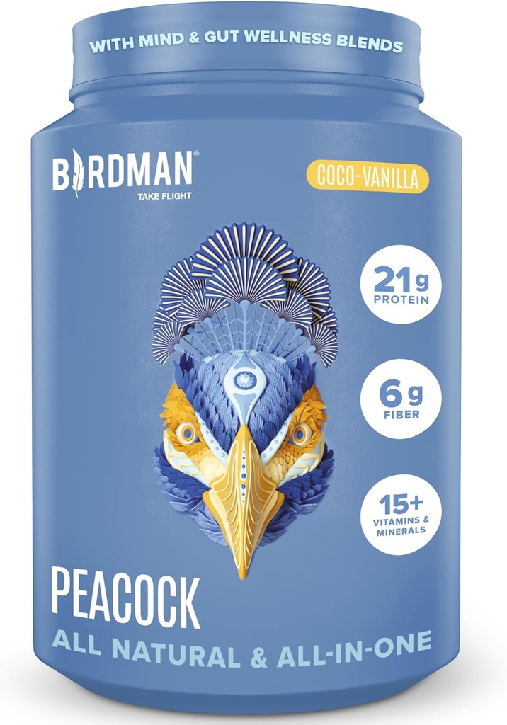 BIRDMAN Peacock Vegan Protein Powder | Komplett Plant Based Meal Replacement Shake med Magnesium, Vitamin D, MCT Oil | Allt i ett tillägg för män och kvinnor | Smooth Texture | Coco Vanilla Flavor