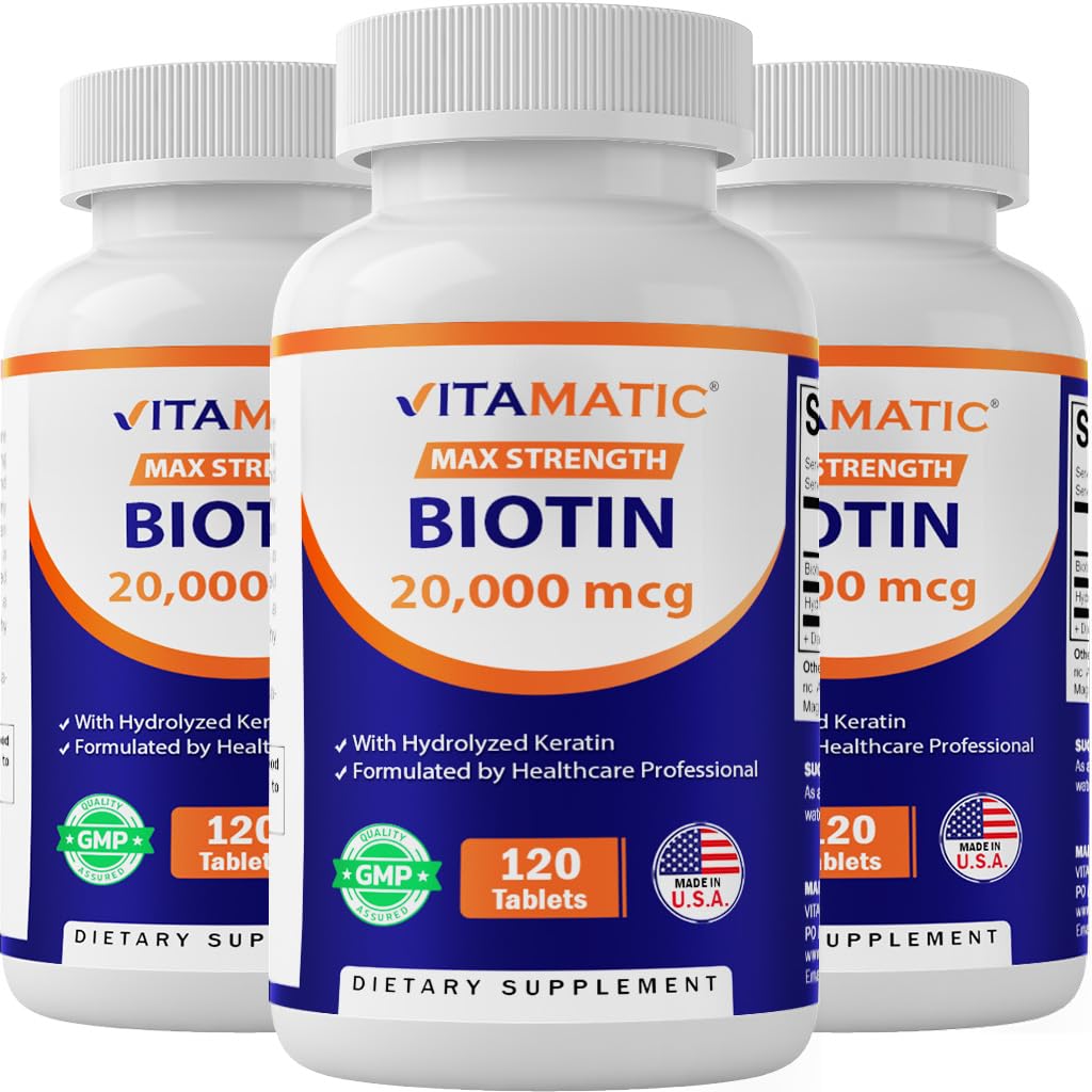Vitamatic High Potency Biotin 20000 mcg (20mg) med Keratin 100mg - 120 vegetariska tabletter - Biotin Supplements for Healthy Hair Skin & Nails for Adults (120 Count (Pack of 3))