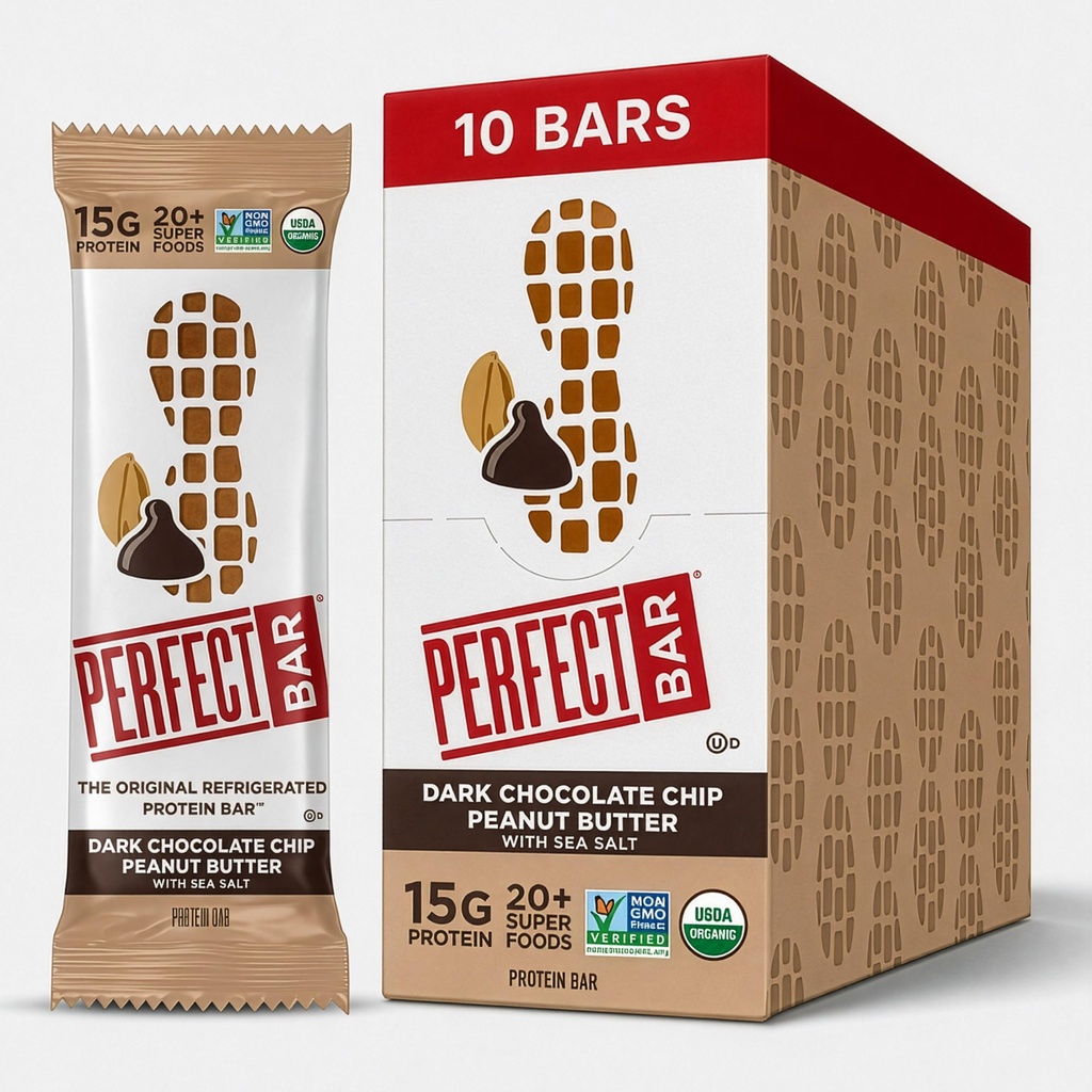 Perfekt Bar, Dark Chocolate Chip Peanut Butter Protein Bar, High Protein, Organic, Gluten Free, Soy Free, Non GMO, No Sugar Alcohols, 2.3 Ounce Bar, 10 Count