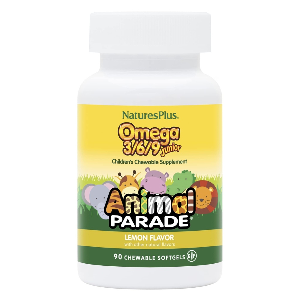 Natures Plus Animal Parade Omega 3/6/9 Junior, Lemon Flavor - 90 Softgels - främjar barns immun, hud, ögon och nervsystemhälsa - icke-GMO, Gluten Free - 45 portioner
