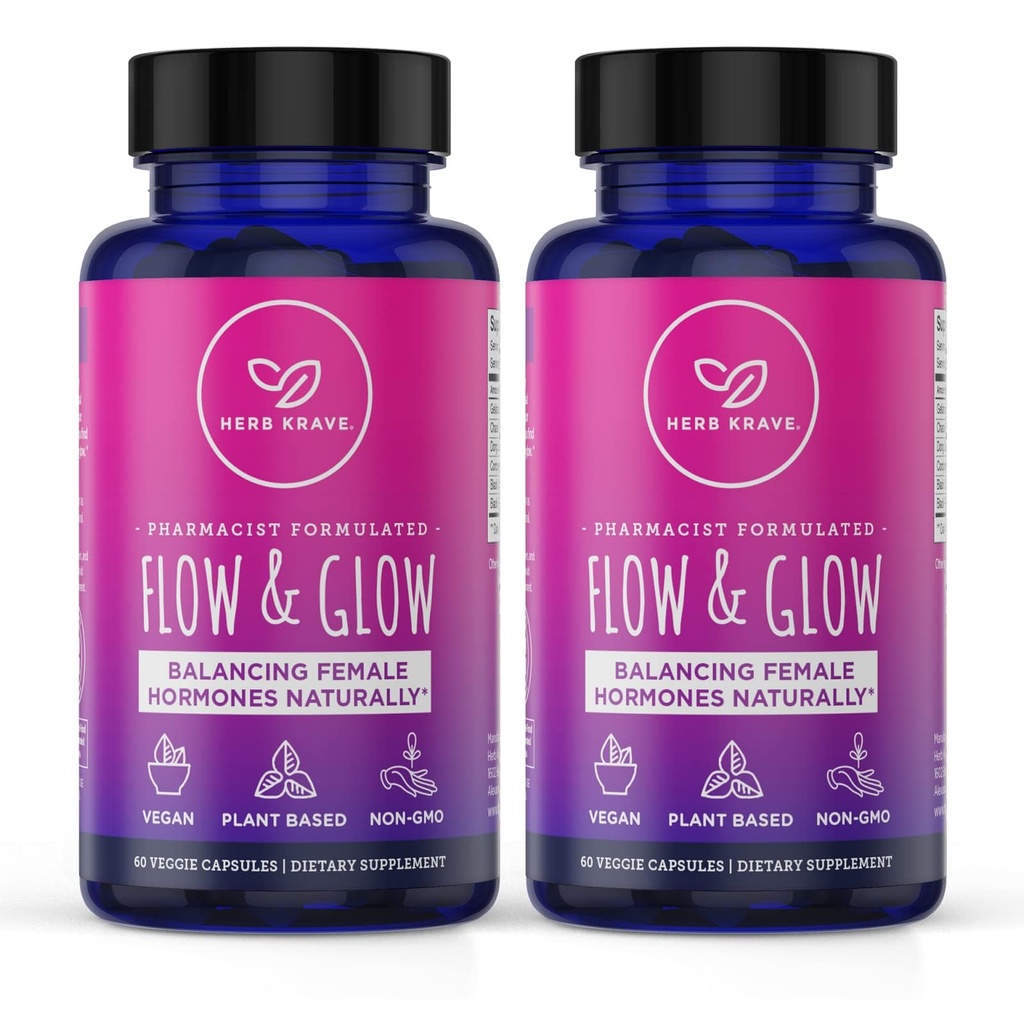 Flow och Glow Natural Hormone Balance för kvinnor - PMS & Menopause Relief för kramper, humörsvängningar och nattsvett med Donq Quai & Black Cohosh för klimakteriet - 60 Vegan kapslar (2 Pack)