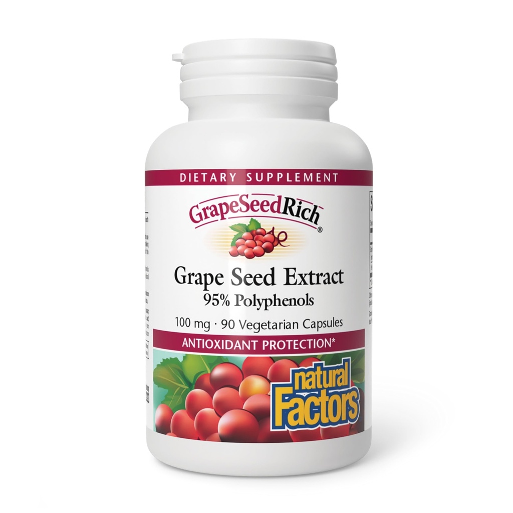 Naturliga faktorer, GrapeSeedRich Grape Seed Extract, Antioxidant stöd för hälsosamt inflammatoriskt svar, 90 kapslar