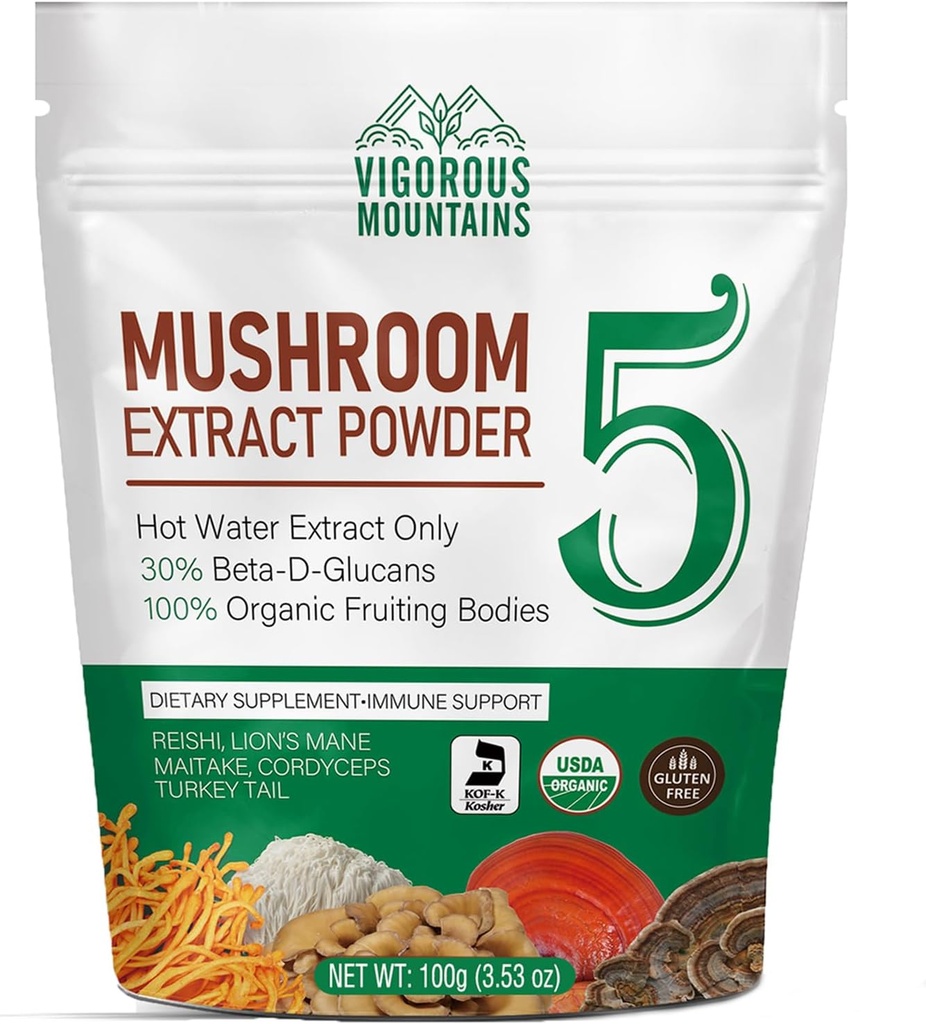 VIGOROUS MOUNTAINS Organic Mushroom Powder Supplement - USDA Certified, Lions Mane & Reishi för Immune Support, Brain Focus, Vegan, Mixes Instantly i Coffee & Smoothies (100g)