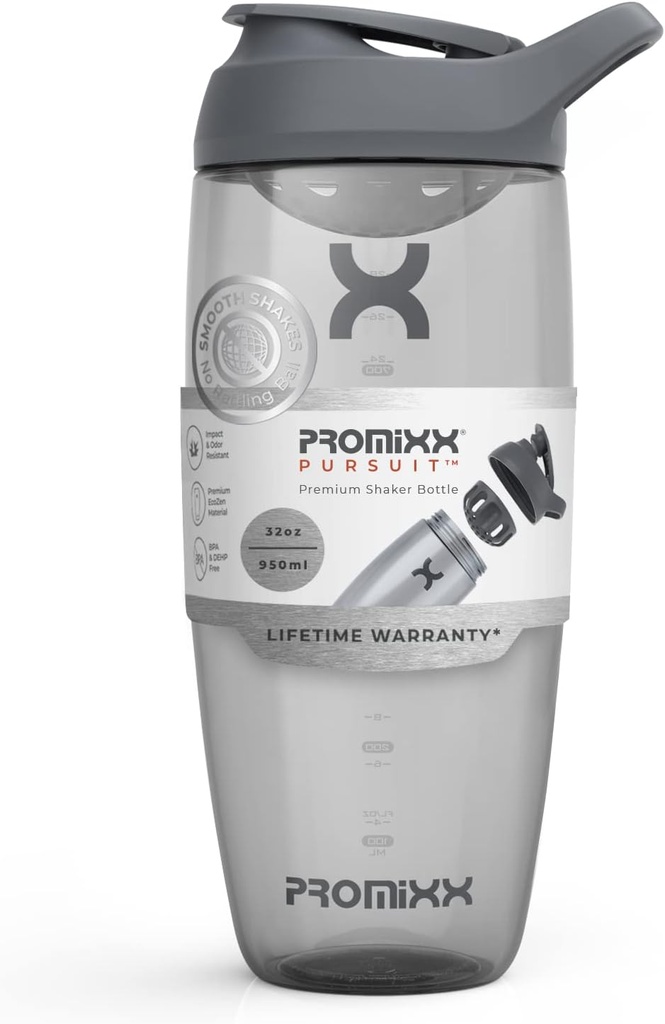Promixx Pursuit Protein Shaker Bottle (32 oz) - Silent No-Ball Mixer, Leak-Proof Lid, BPA / BPS & Phthalate-Free ECOZEN - Easy-Clean Shaker Cup för Protein Shakes, Pre & Post-Workout Smoothies