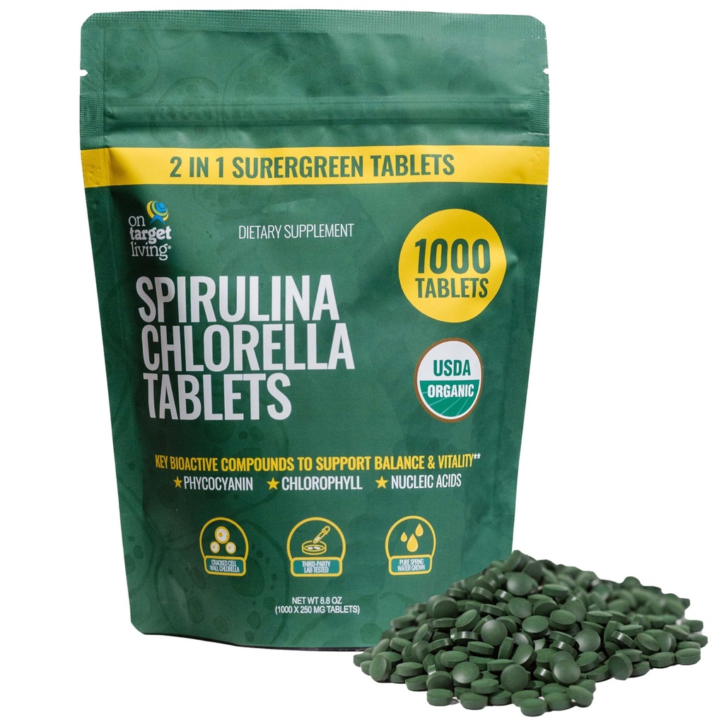 På Target Living Organic Spirulina Chlorella | Supergreens | USDA Organic | 1000 tabletter - 250 G (8,8 oz) | Vegan | Immune Support | Alkalyserande | Nutrient Dense | Protein Dense