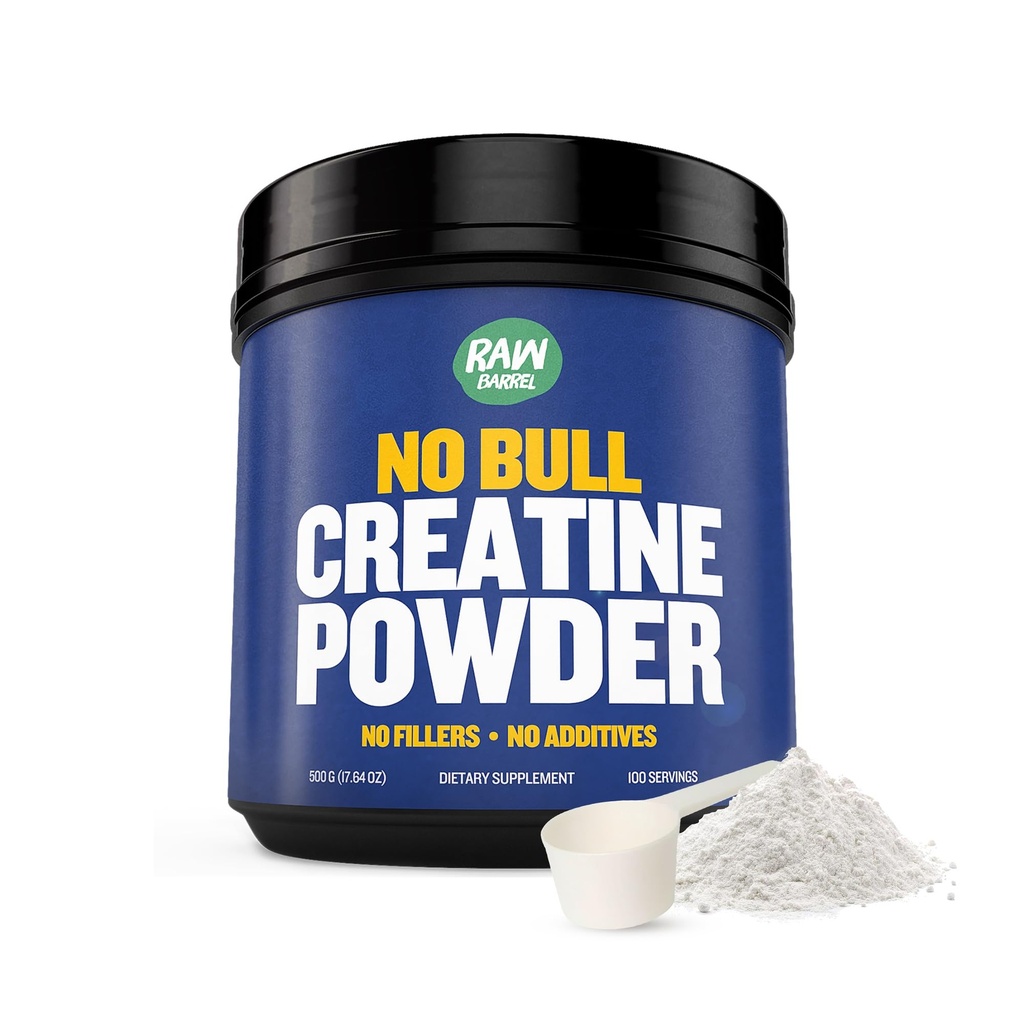 "No Bull" Kreatinpulver, Bulk Supplements Kreatinmonohydrat för snabbare återhämtning, ökad muskelvolym, styrka och kraft, mikroniserad kreatin för män och kreatin för kvinnor, 500 g