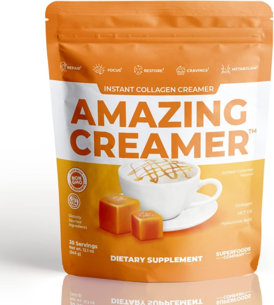 Superfoods Company Amazing Creamer med Collagen - Keto Creamer-Hyaluronic Acid & MCT Oil - Brain Boost & Curbs Cravings - Supports Healthy Skin & Hair - Diet-Friendly [30 Servings] [Salted Caramel]
