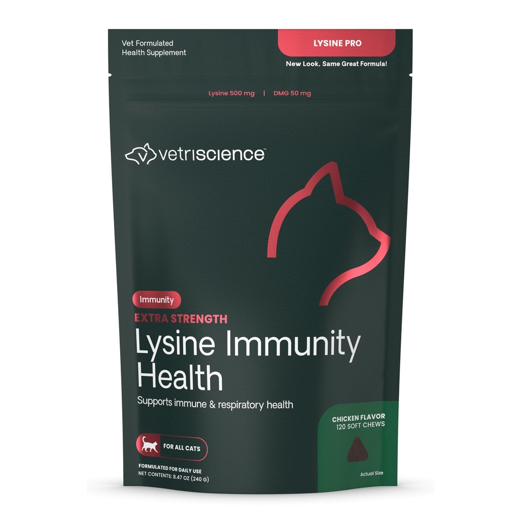 VETRISCIENCE Extra Strength Lysine Immunity Health Chews - Immunity Supplement for Cats of All Ages - Stöder Immune Function, Eye Health & Cardiovascular Function - 120 Count