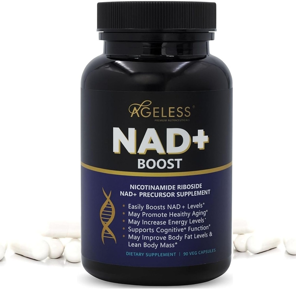 Ageless NAD + Kosttillskott för kvinnor och män | 300mg Nikotinamid Riboside Chloride | Kosttillskott för anti-aging | Stöder energi, fokus, uthållighet, fettmetabolism och kognitiv funktion - 90 kapslar
