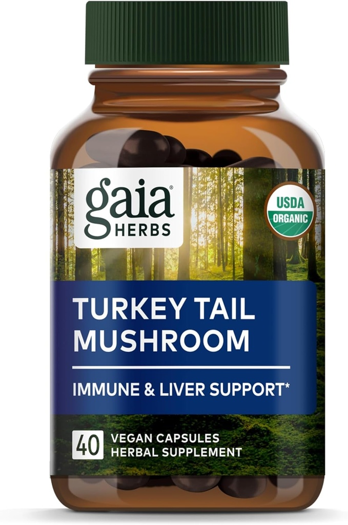 Gaia Herbs Turkiet Tail Mushroom - Immune Support Supplement för att hjälpa till att upprätthålla leverhälsa - med organisk Turkiet Tail Mushroom Fruiting Body Extract - 40 Vegan kapslar