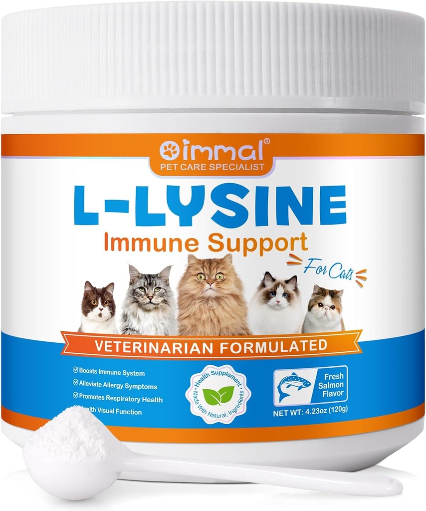 L-Lysine Powder för katter, Lysine Supplement för katter, Support Immune System, andningshälsa och visuell funktion och allergihjälp, Pets Health Supplies Multivitaminer, Salmon Flavor - 4.23 oz / 120g