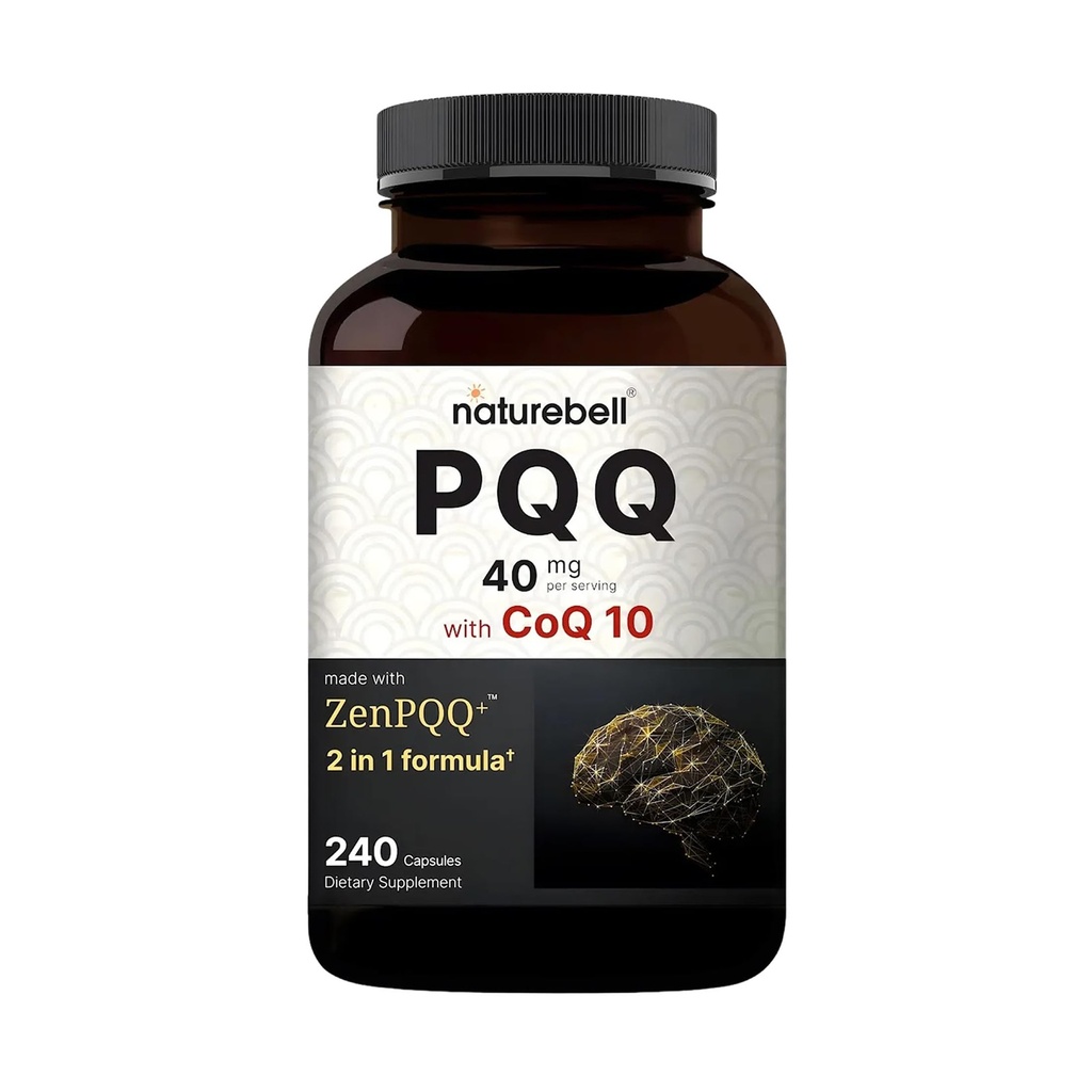 NatureBell PQQ 40mg Per Servering med Q10, 240 kapslar | Aktiv Pyrroloquinoline Quinone, Högt Bioavailable ZenPQ + Formel - Främjar hjärta, hjärna och Mitokondriell hälsa - Icke-GMO