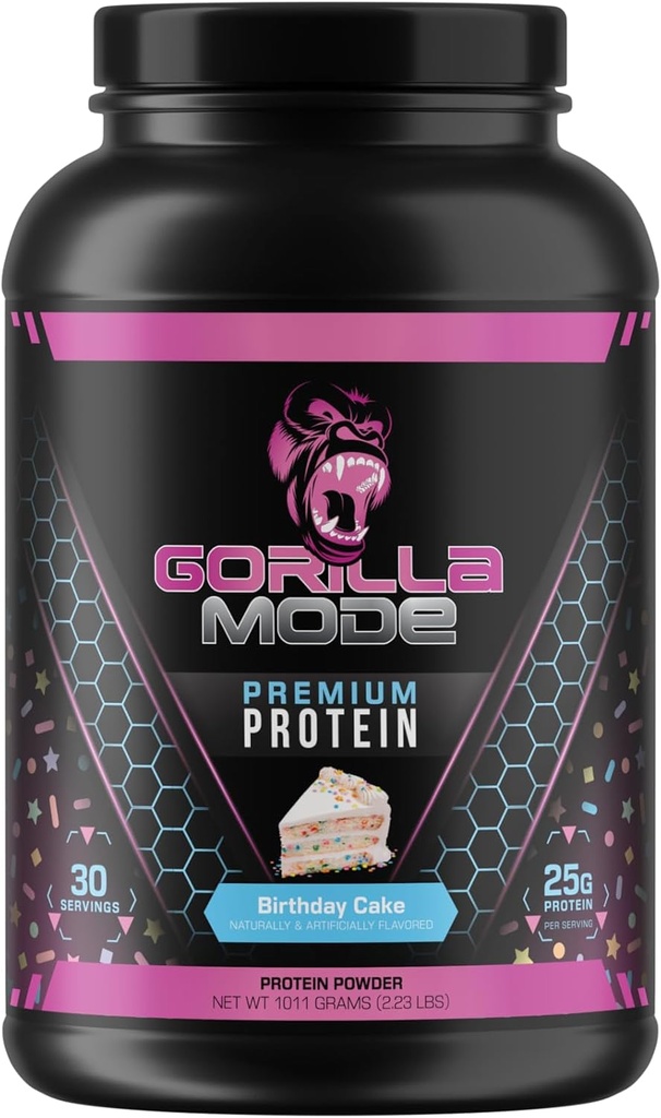 Gorilla Mind Premium Whey Protein - Födelsedagstårta, 25 Gram av Whey Protein Isolate & Concentrate,Recover och Build Muscle (30 portioner)